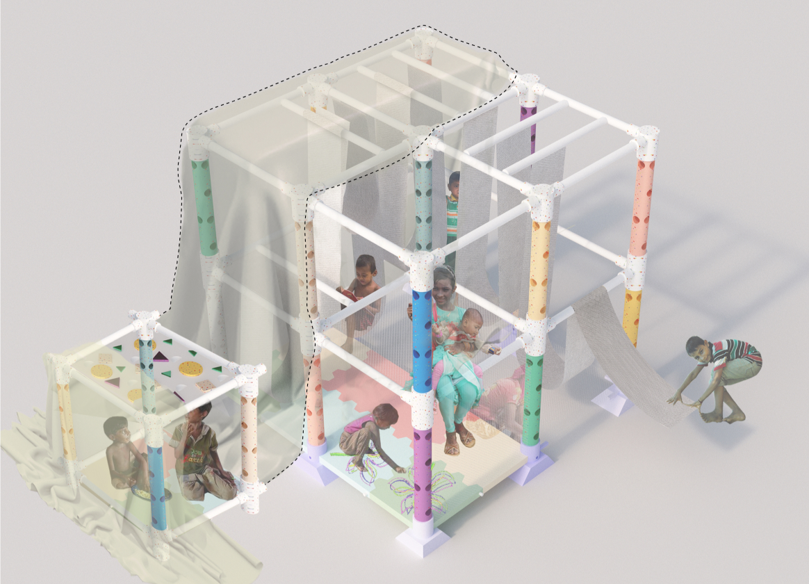 Rest module creates sheltered spaces for hammocks, seated nets, relaxation, and quiet interaction.