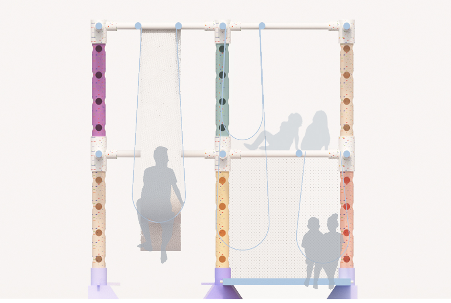 Section illustrating flexible hammock and net configurations within the modular structural frame.