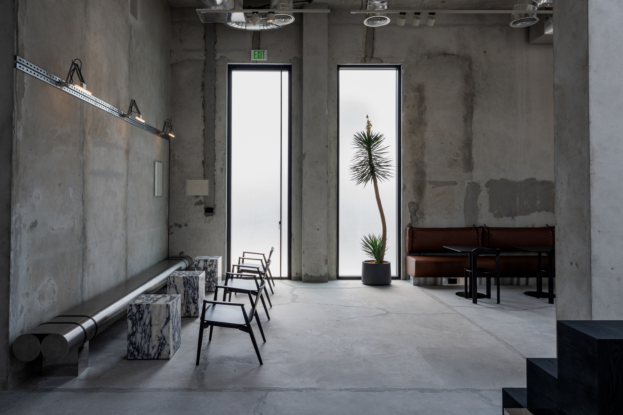 Two tall narrow windows flanking a potted plant in an interior with raw concrete walls and polished floor