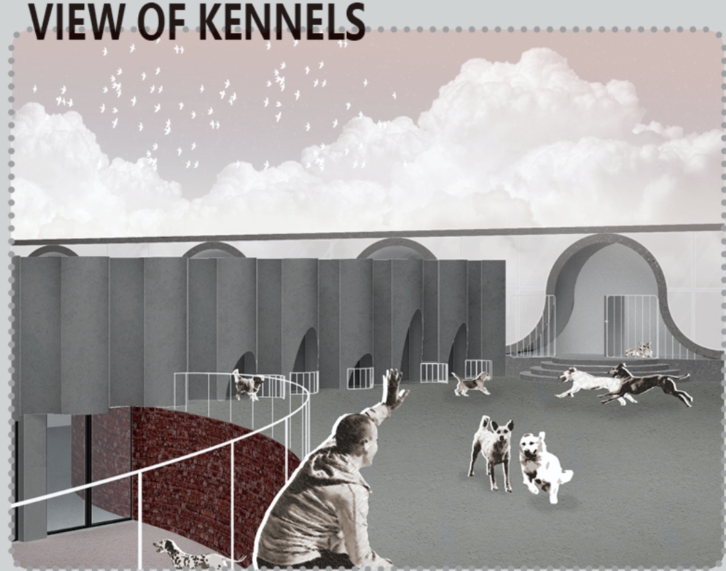 Collage rendering of the gray kennel wall with arched dog openings, a curved red brick rail and a man waving to dogs under cloudy sky. Image: Jiamin Huang, Yunghan Chan