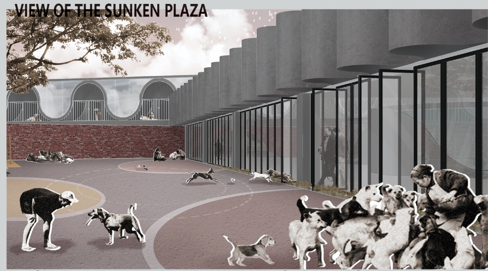 Rendering of the sunken plaza with a red brick wall, glazed kennel frontage and dogs running across the painted ground beneath a tree. Image: Jiamin Huang, Yunghan Chan