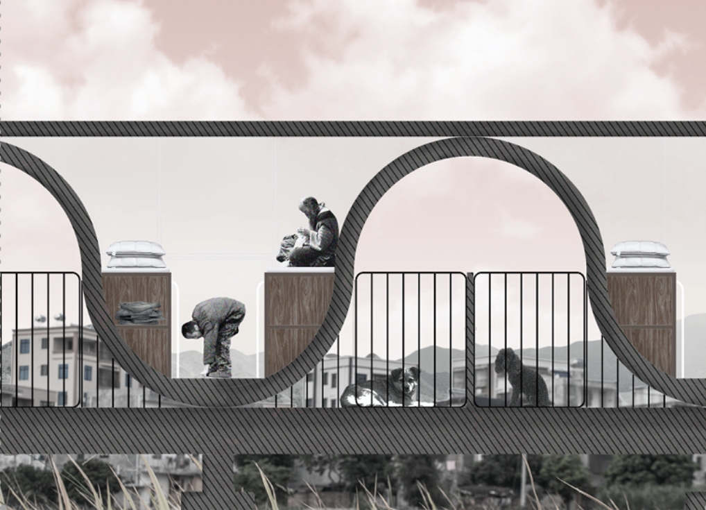 Section drawing of looping circular wall segments holding dog pens, wooden cabinets and pillows, with a person sitting and another bending over. Image: Jiamin Huang, Yunghan Chan