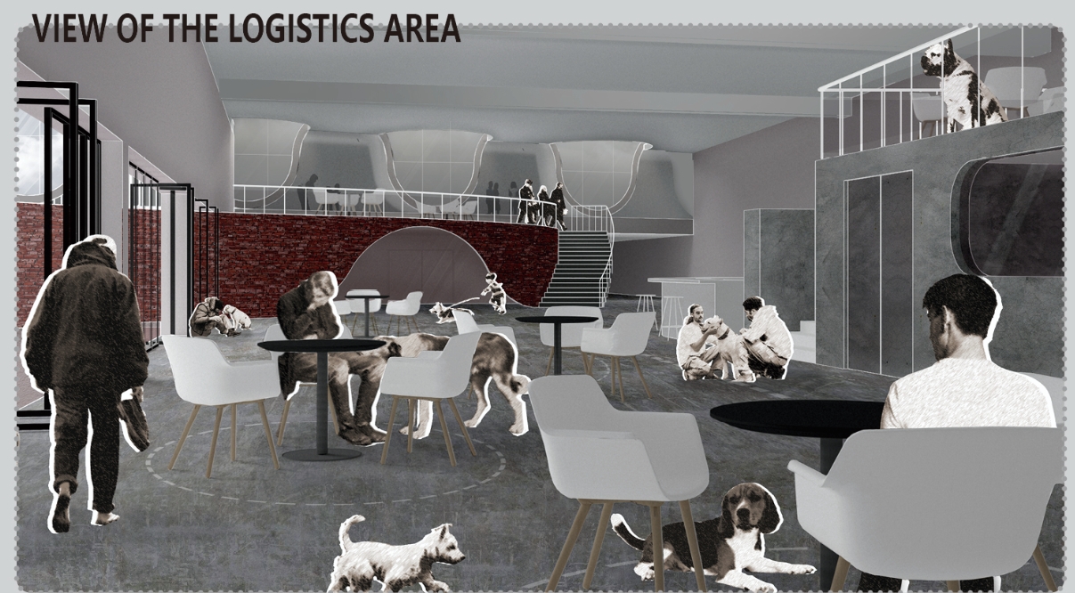 Interior rendering of the logistics area with white chairs, round tables, dogs and people, and a red brick mezzanine with a curving staircase. Image: Jiamin Huang, Yunghan Chan