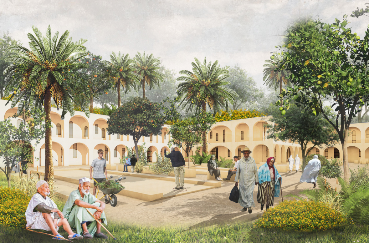 A landscaped courtyard creates an active social setting framed by arcades and traditional Moroccan architectural forms.