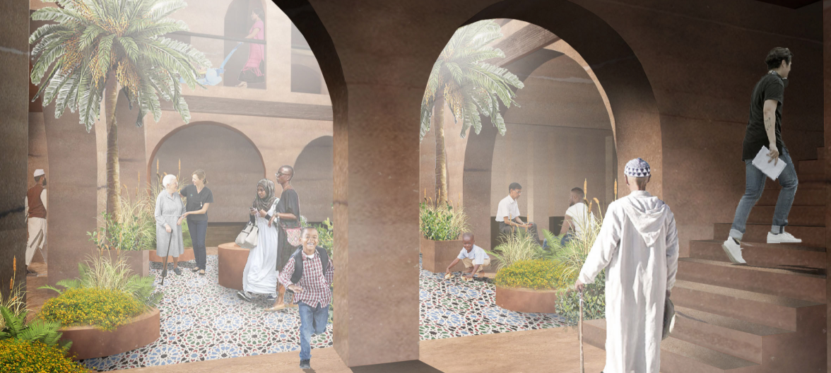 Arched passages, mosaic flooring, and planted courtyards create a shaded and welcoming communal interior.