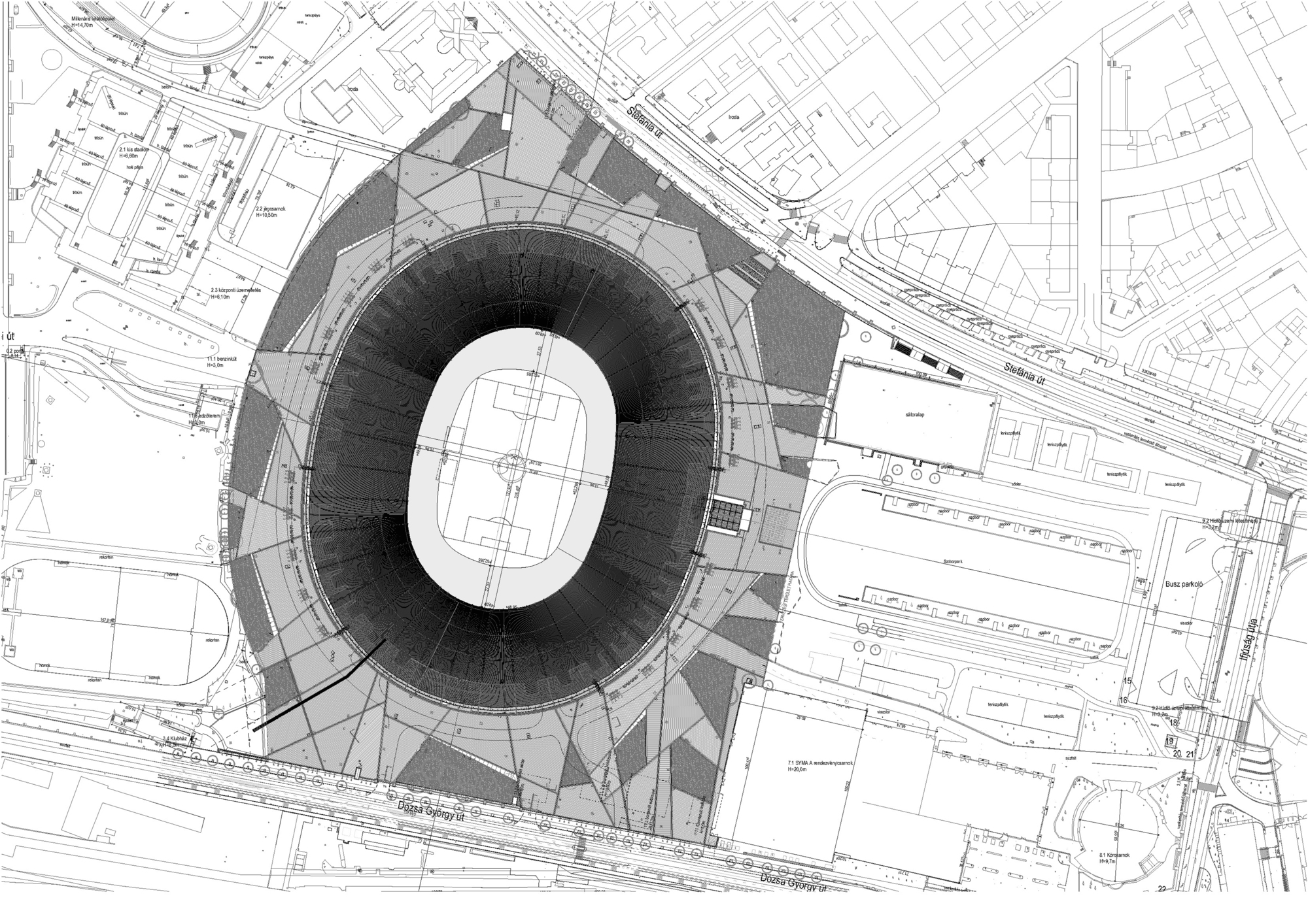 Site plan drawing showing an oval stadium bowl surrounded by urban streets and adjacent buildings