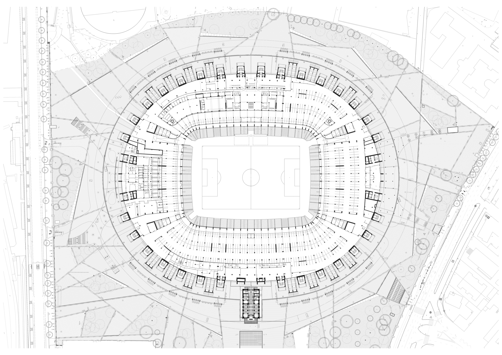 Site plan drawing showing the oval stadium bowl surrounded by landscaping and adjacent road networks