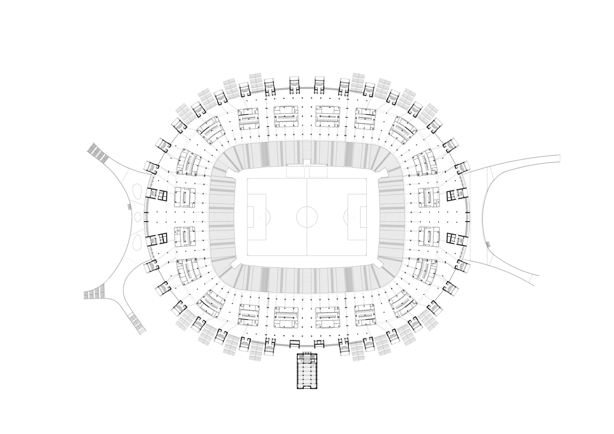 Floor plan of the stadium showing tiered seating rings around a central pitch