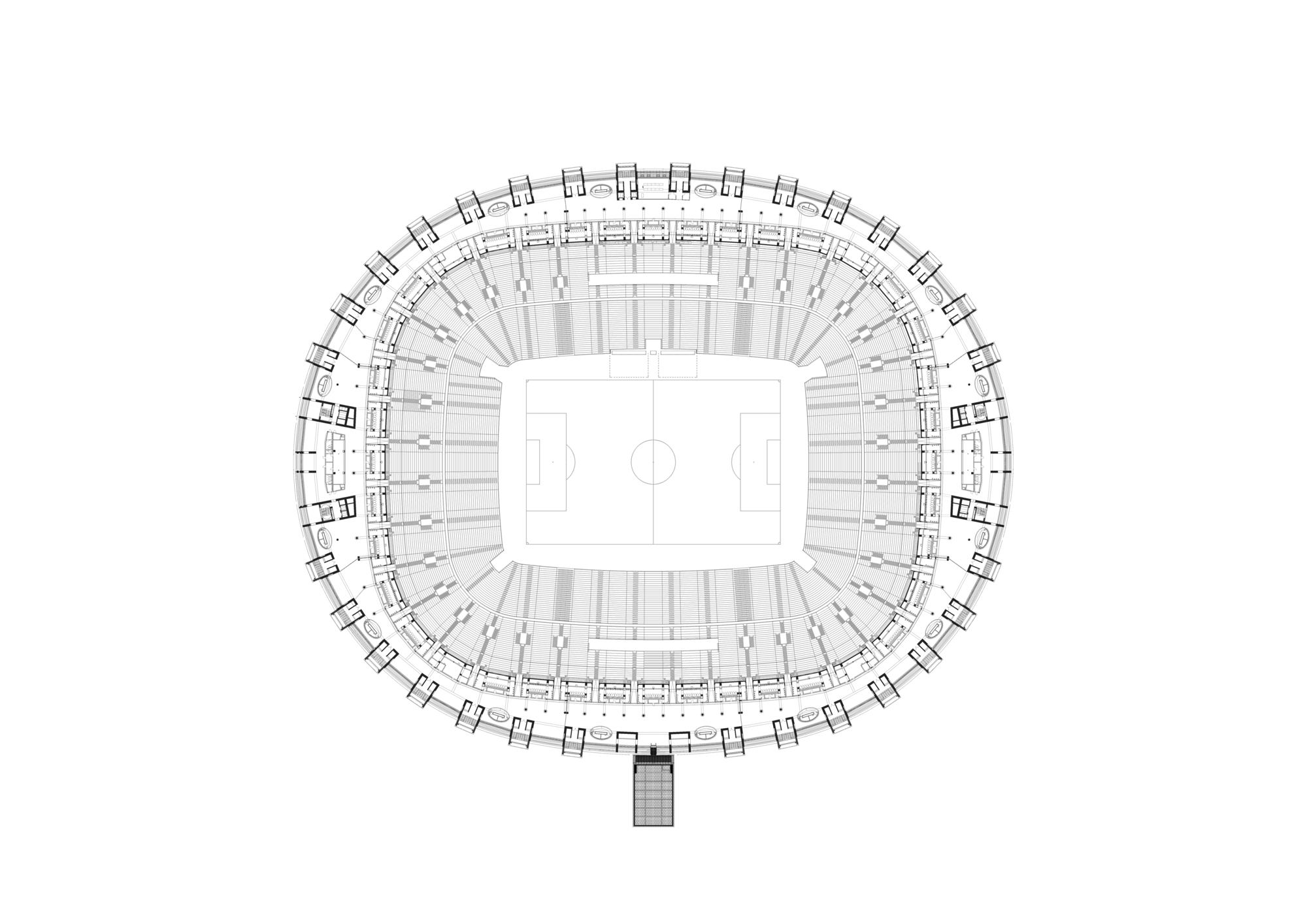 Plan view showing concourse level circulation with seating tiers radiating from the playing field
