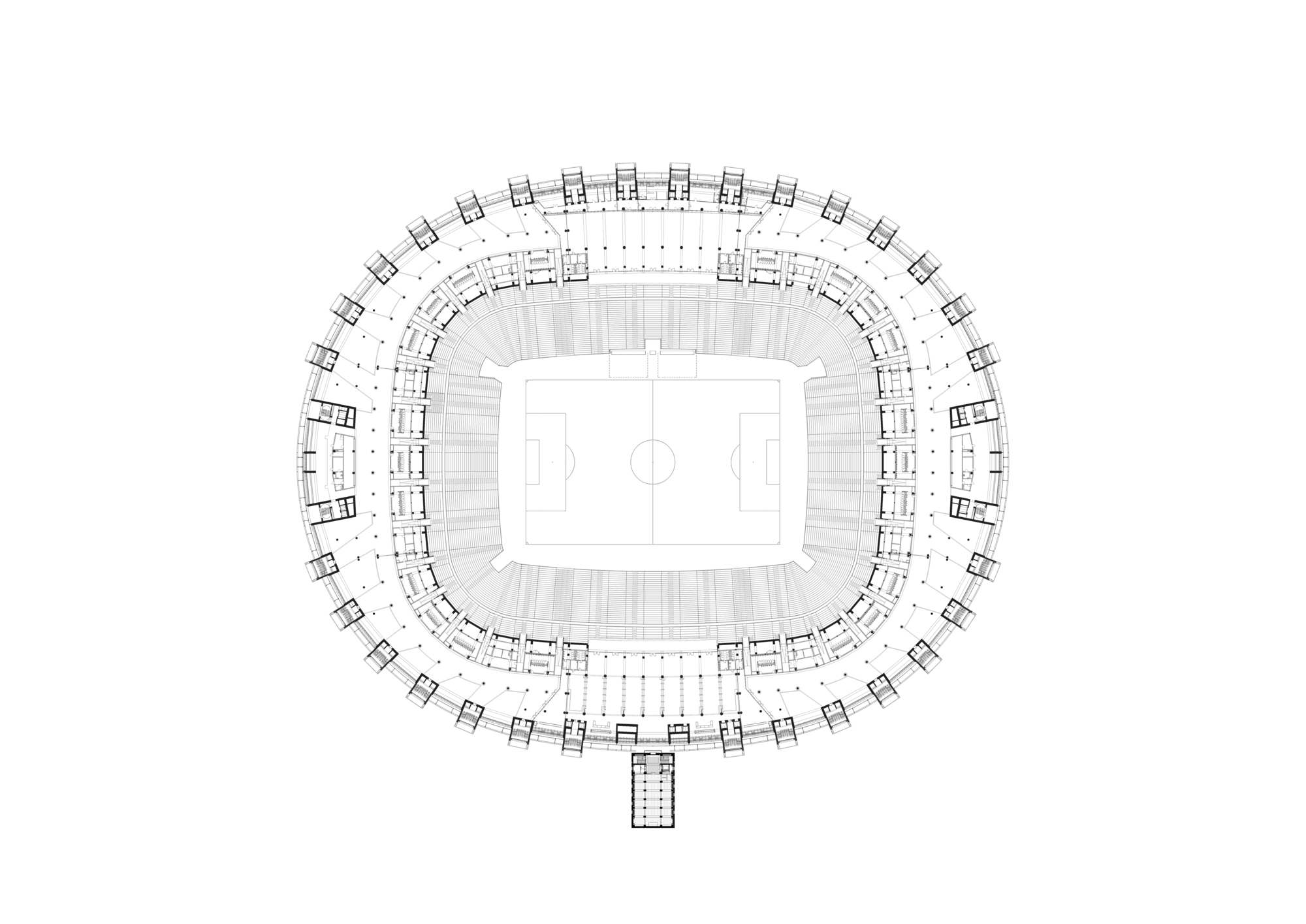 Plan drawing of an upper tier showing perimeter circulation and seating arrangement