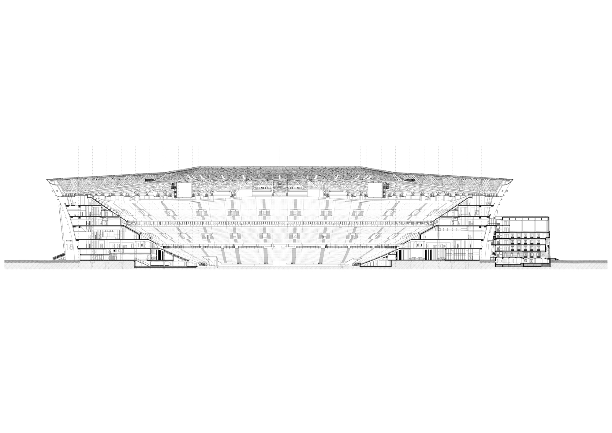 Section drawing through a stadium showing tiered seating, roof structure, and circulation ramps