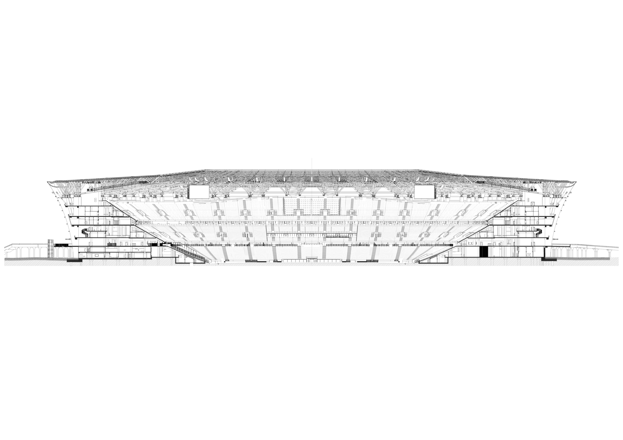 Section drawing revealing the bowl interior with seating tiers and lateral support structures