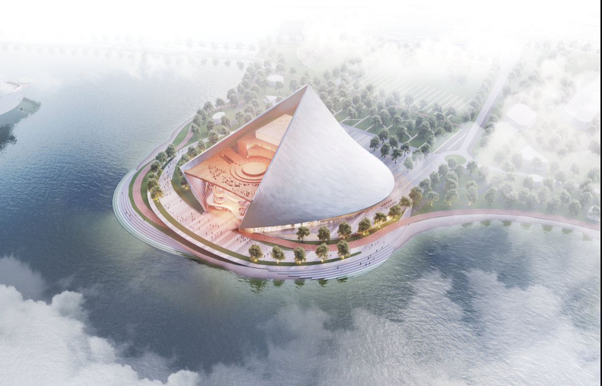 Aerial view revealing the opera house’s sweeping roof and public waterfront landscape