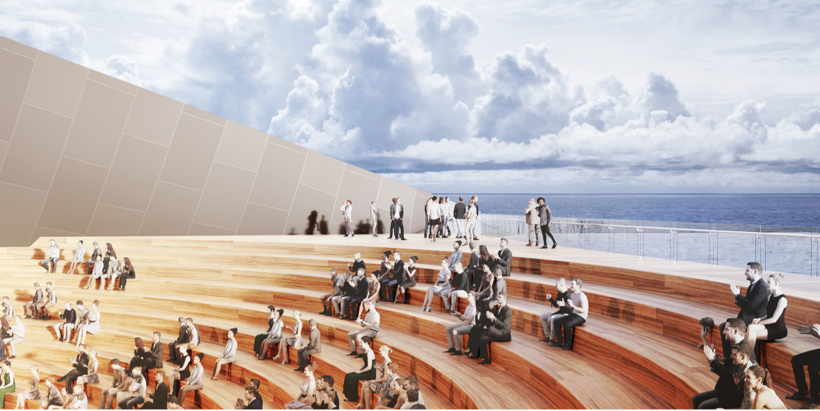 Open-air amphitheater creates a performance space directly connected to the Baltic Sea