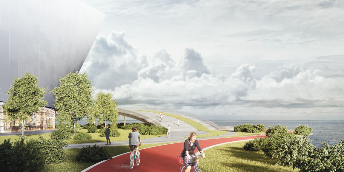 Landscaped cycling and pedestrian paths integrate the opera house with Tallinn’s waterfront.