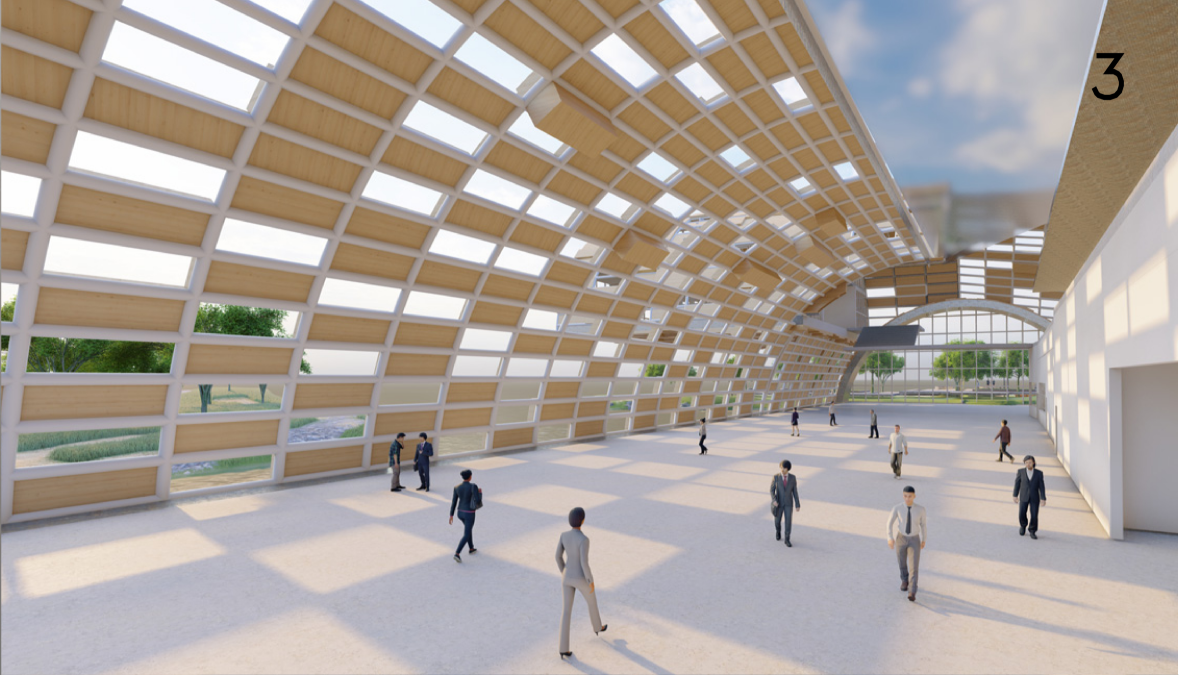 Curved corridor with alternating timber and glass panel ceiling casting dappled shadows on visitors walking below