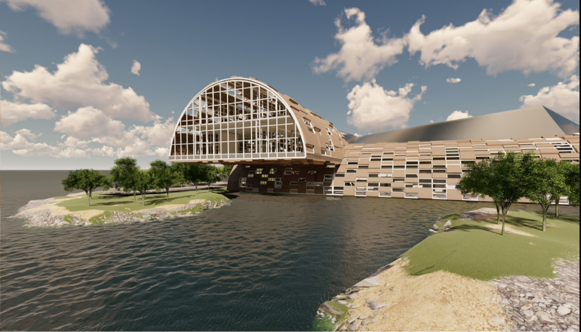 Waterfront view of the arched glazed facade and horizontal panel facade beside a landscaped shoreline under cloudy skies