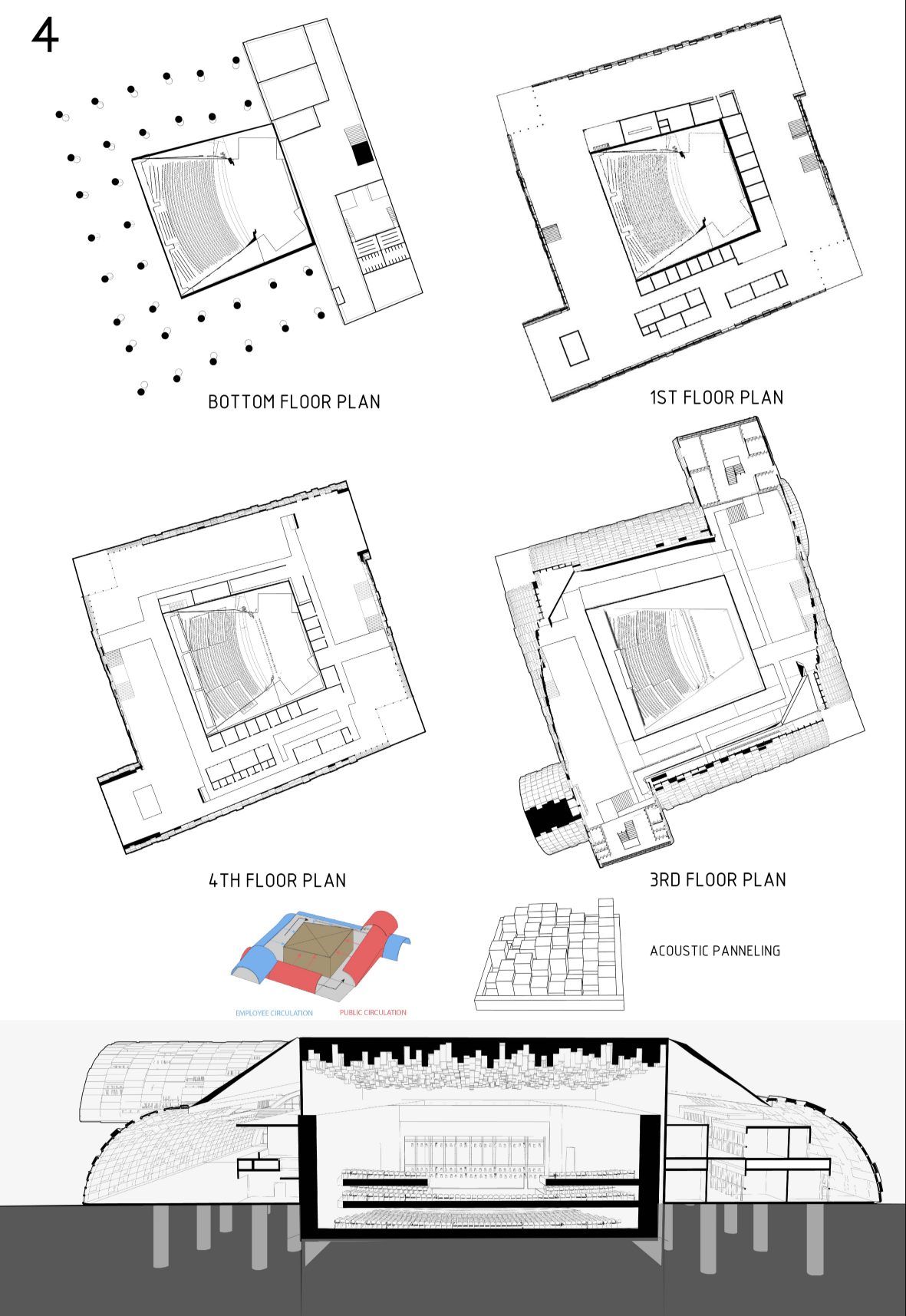 Floor plan drawings showing four levels with central courtyard and section drawing revealing the arched interior hall