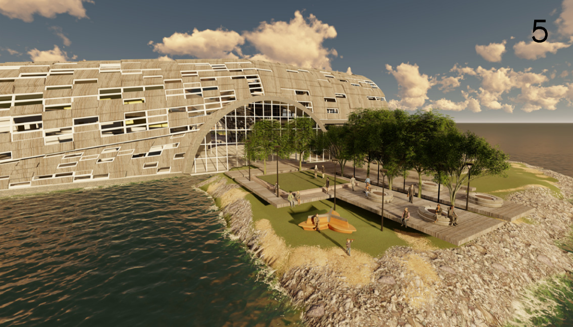 Waterside promenade lined with trees alongside the horizontal striped facade under a partly cloudy sky
