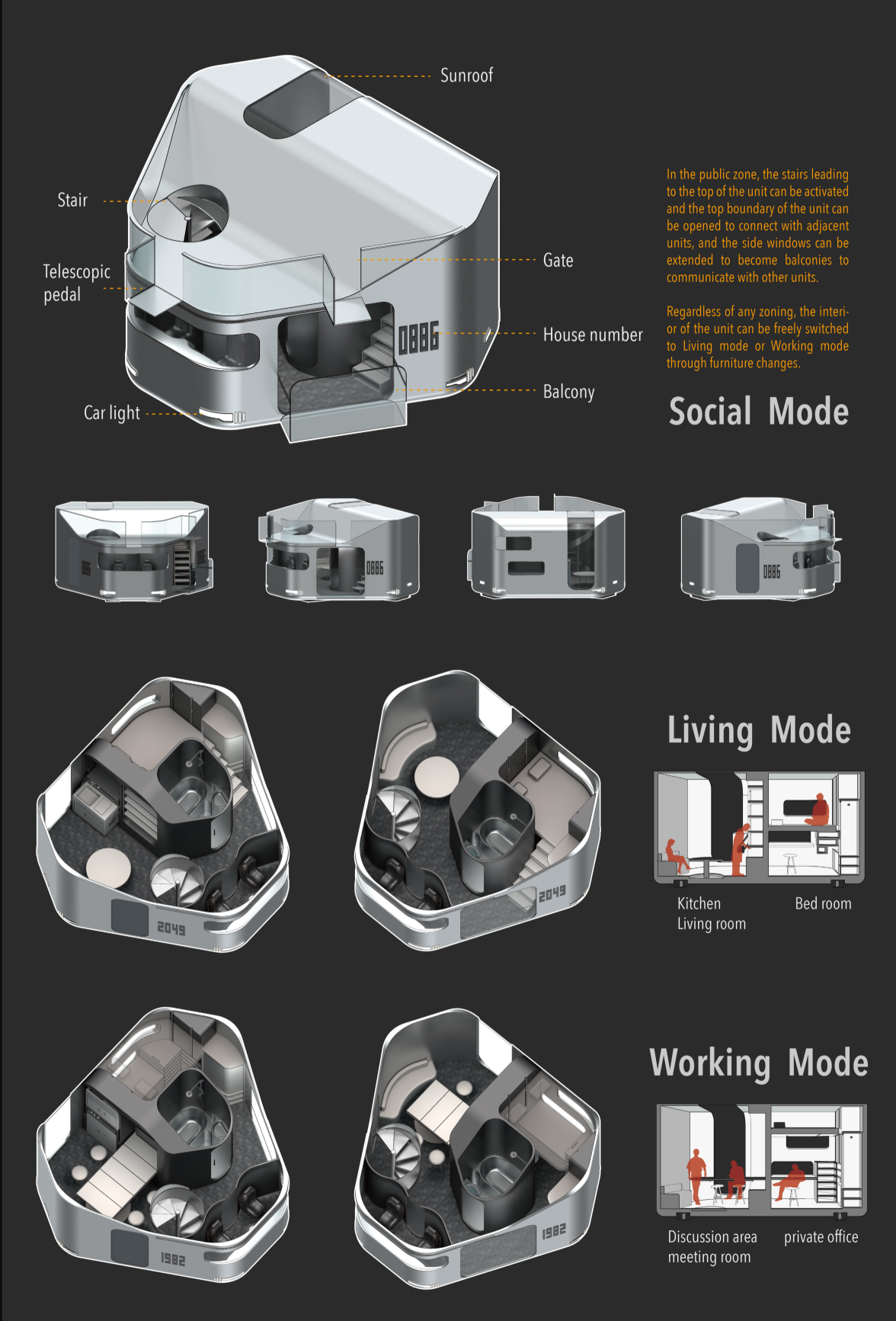 A transformable residential pod shifts between social, living, and working modes.