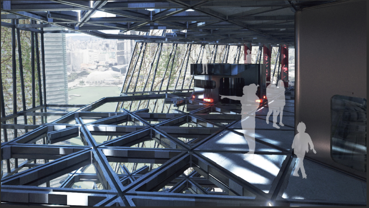 Hexagonal tracks enable residential pods to move through the open structural framework.
