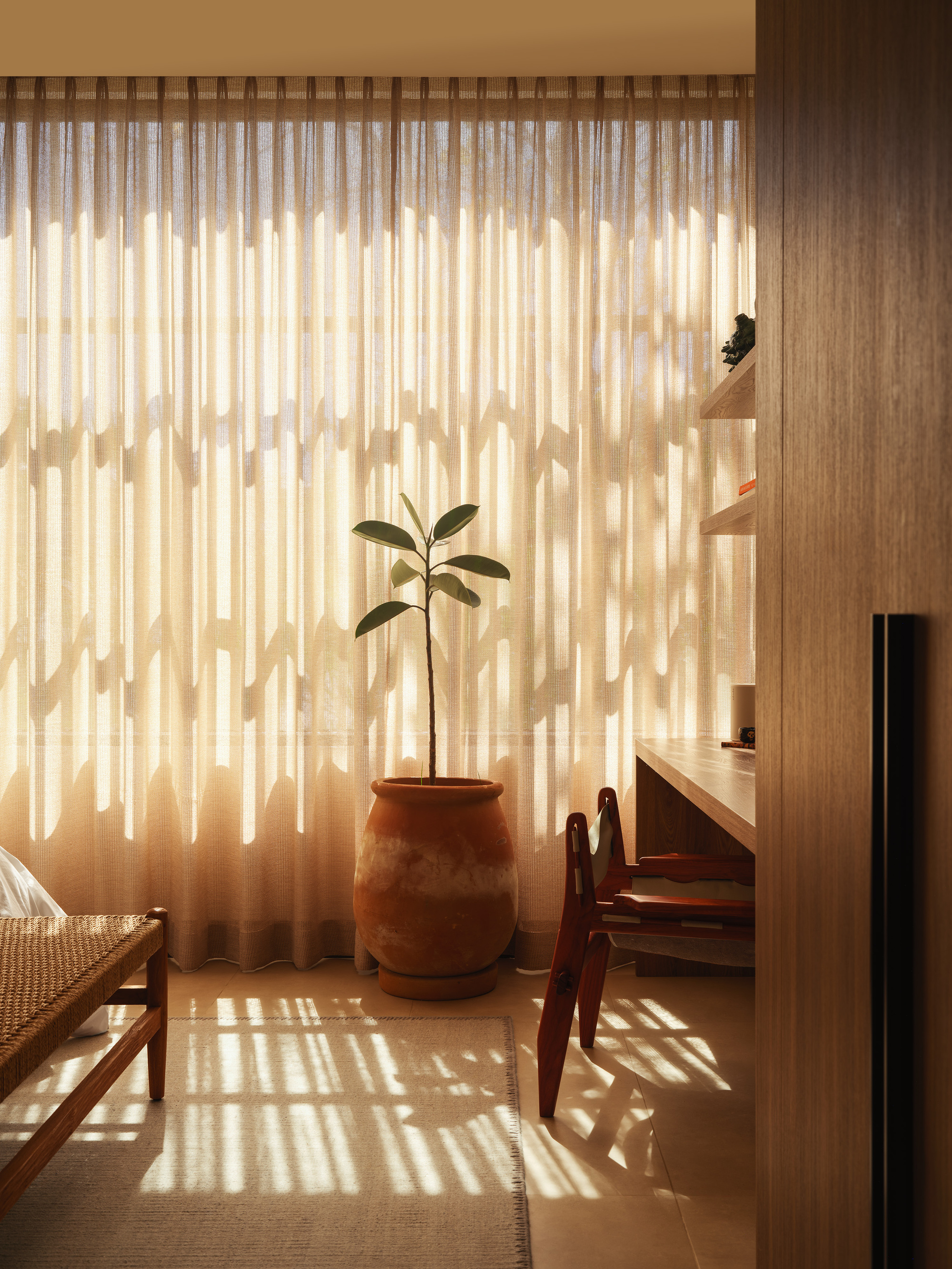 Living room corner with filtered sunlight casting shadows through vertical screens onto a potted plant