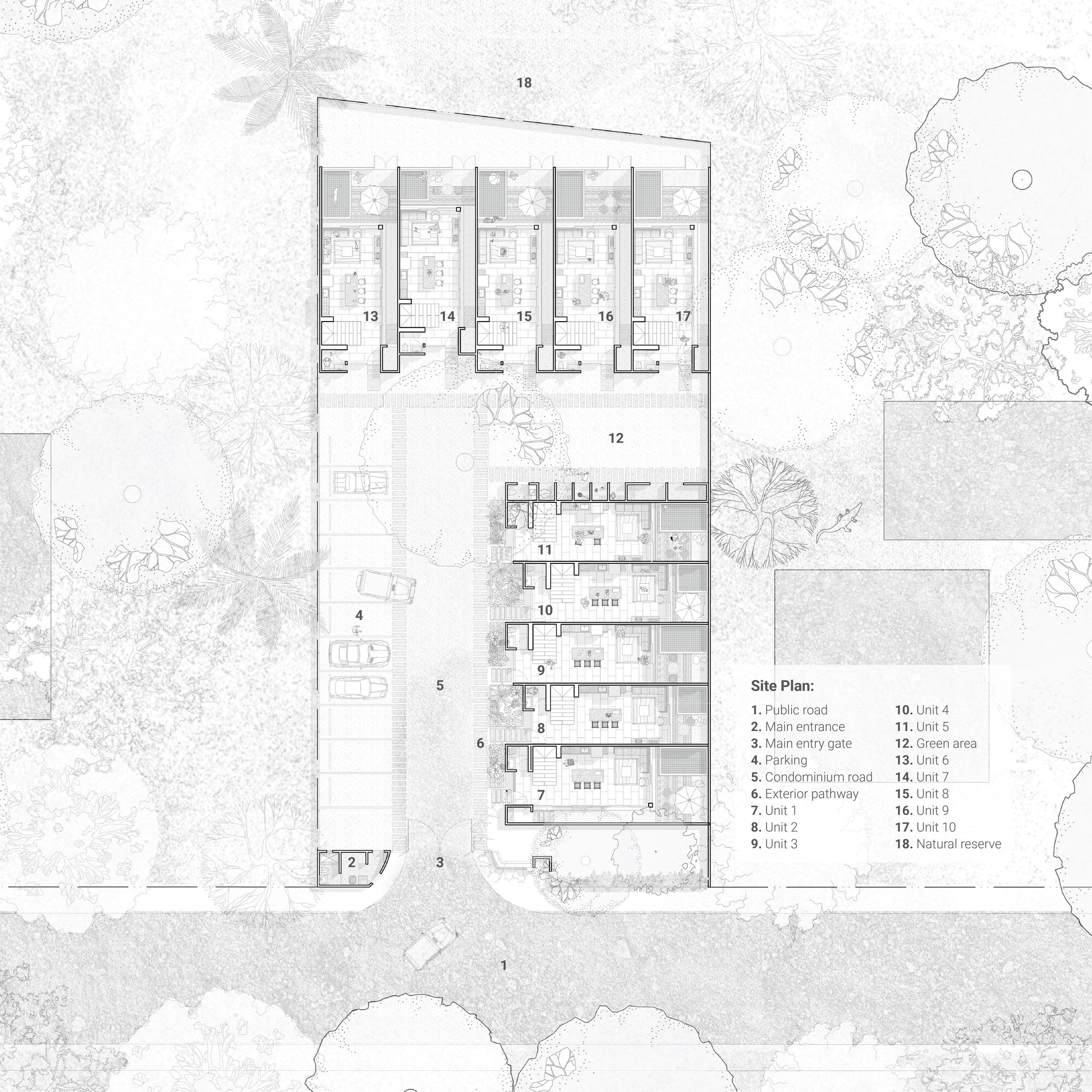 Site plan drawing showing residential units arranged in linear blocks with planted landscape and parking areas