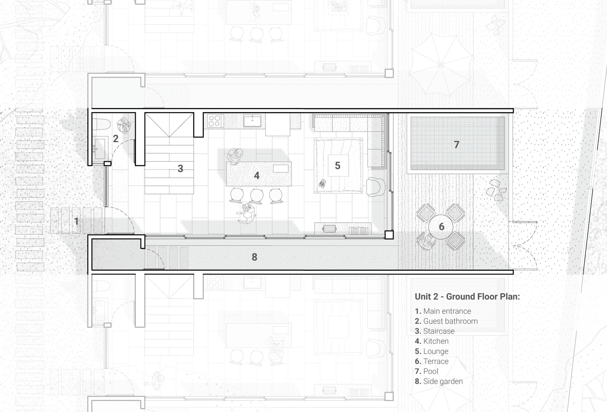 Ground floor plan drawing showing one unit with terrace, pool, and side garden