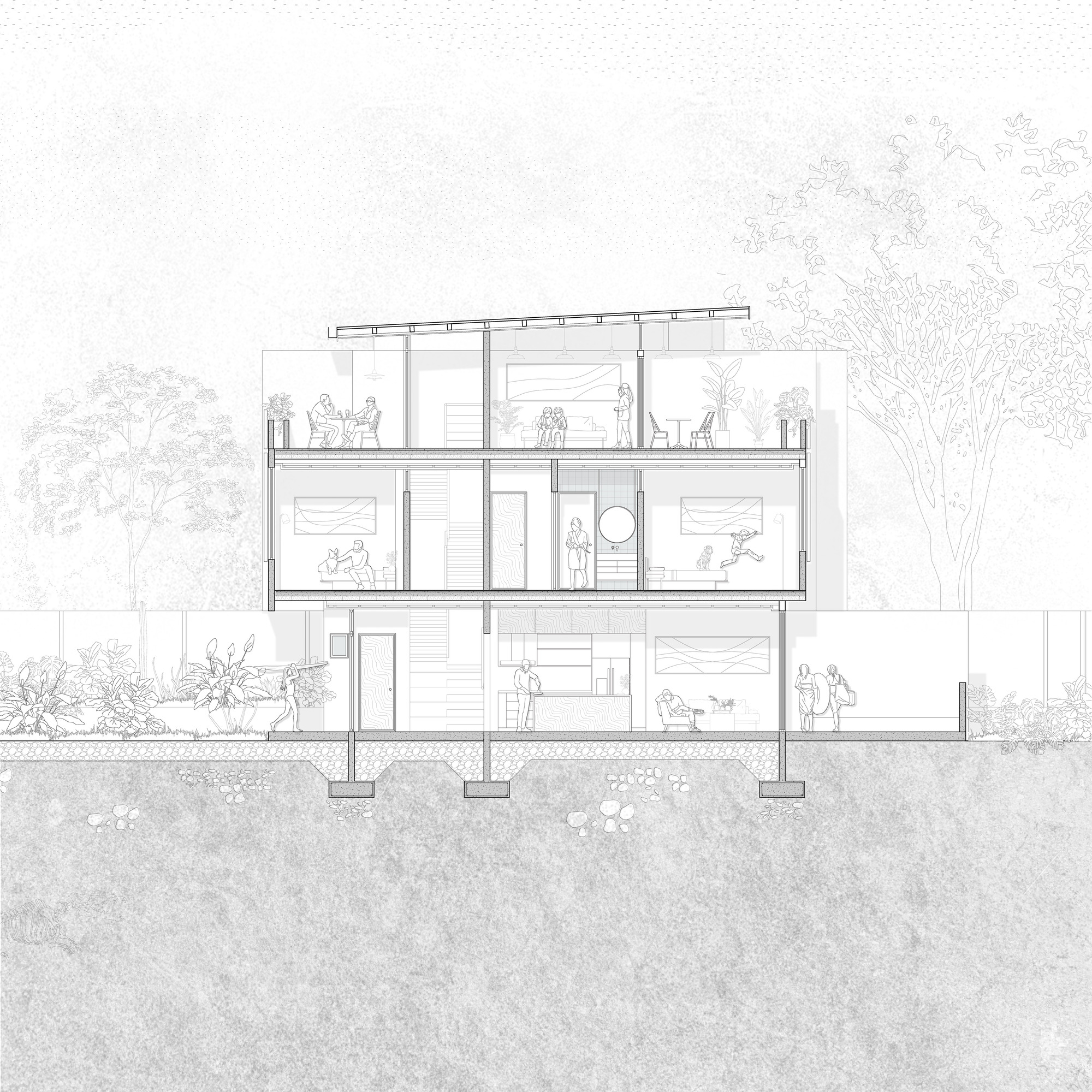 Section drawing through three-story residential block with figures showing interior spaces and surrounding vegetation