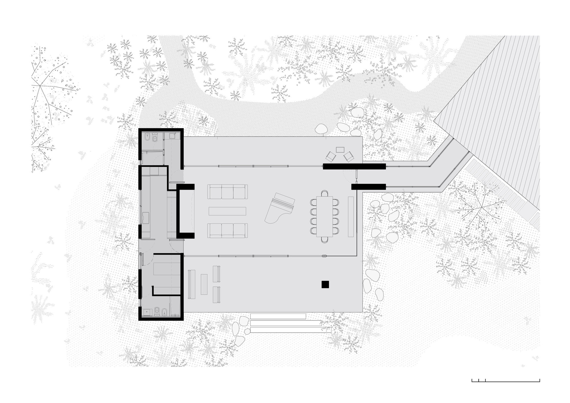 Floor plan drawing showing an open living and dining space with glazed walls opening to landscape