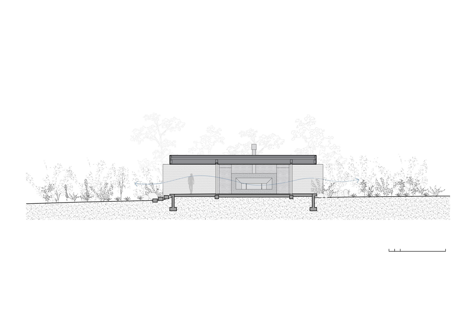 Section drawing revealing interior spaces beneath a flat roof with central skylight and trees beyond