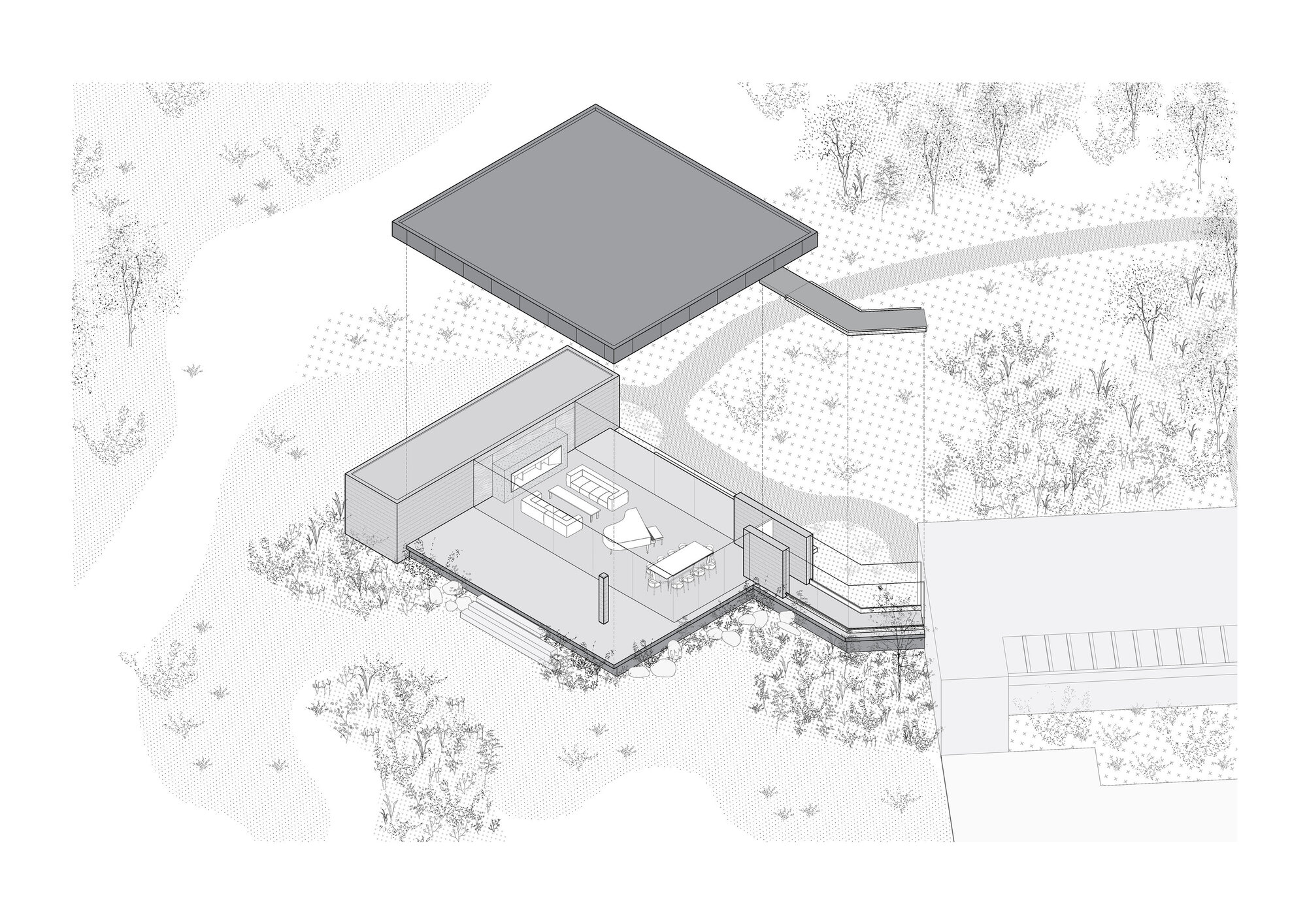 Axonometric drawing showing interior layout beneath a floating roof plane connected to an exterior terrace