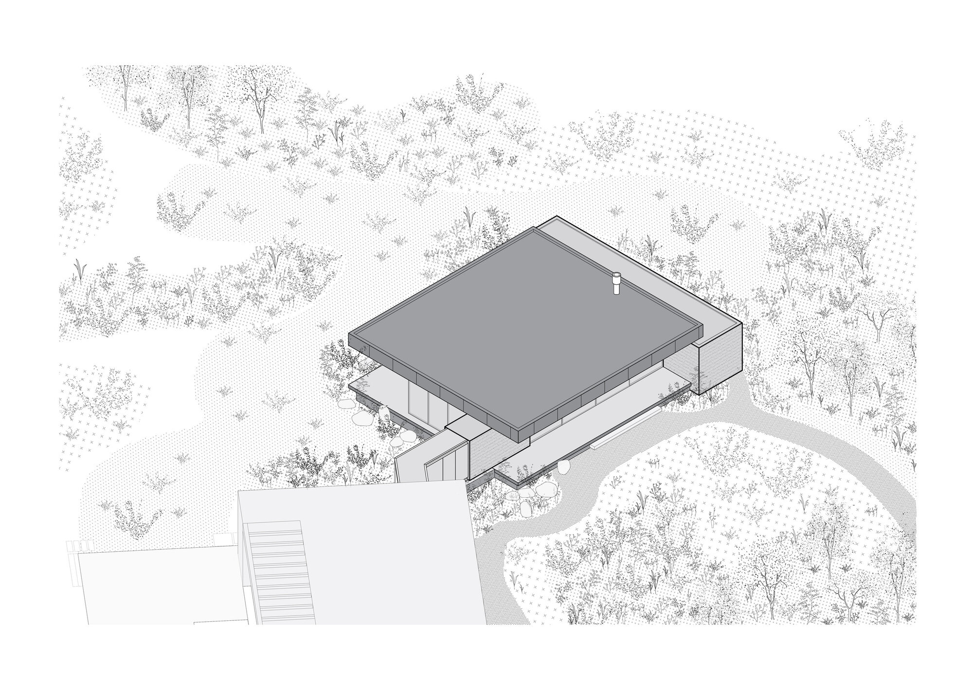 Axonometric drawing showing a cantilevered structure with flat roof nestled among trees on sloping terrain