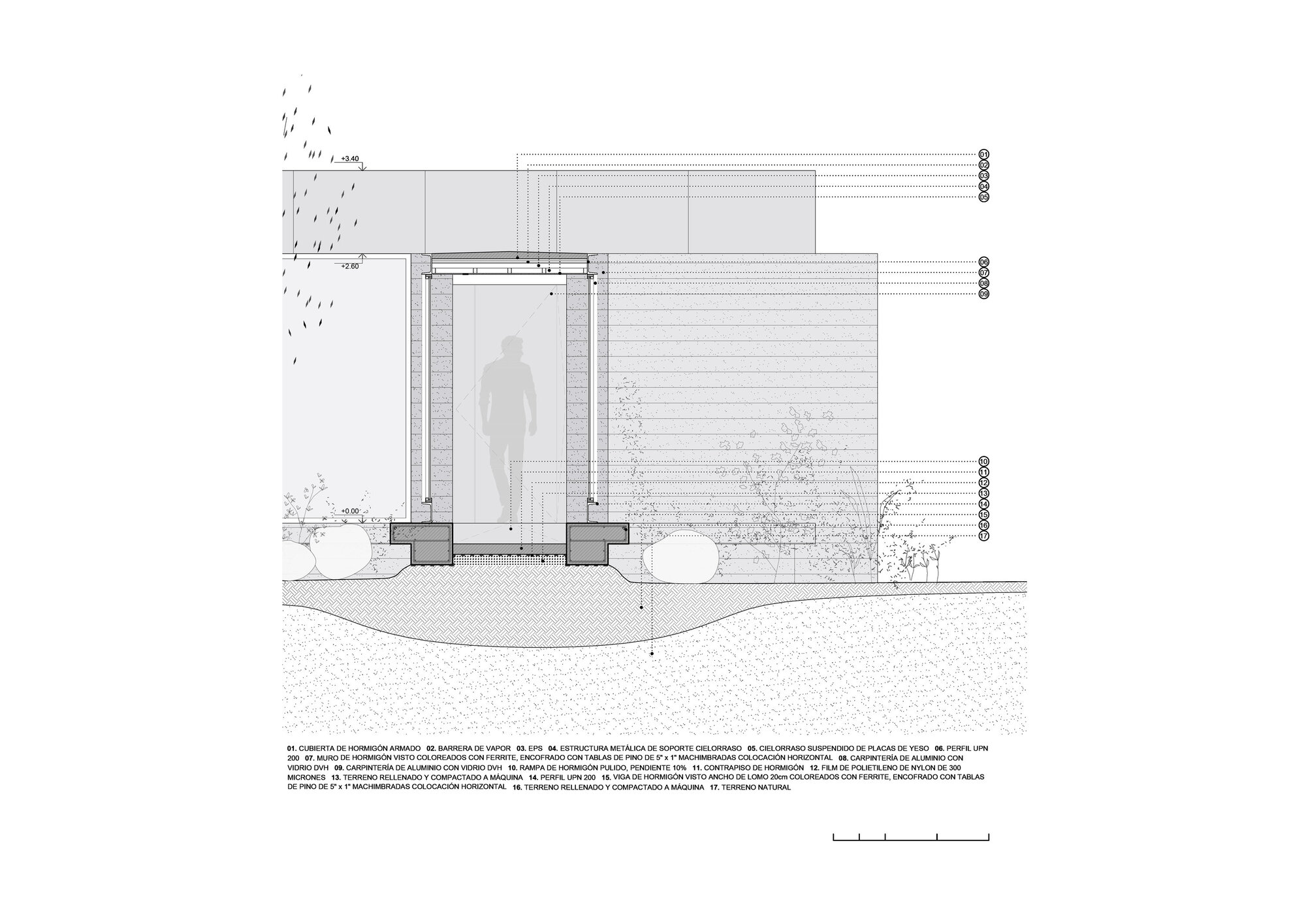 Section drawing showing entrance threshold with standing figure silhouette and landscape beyond