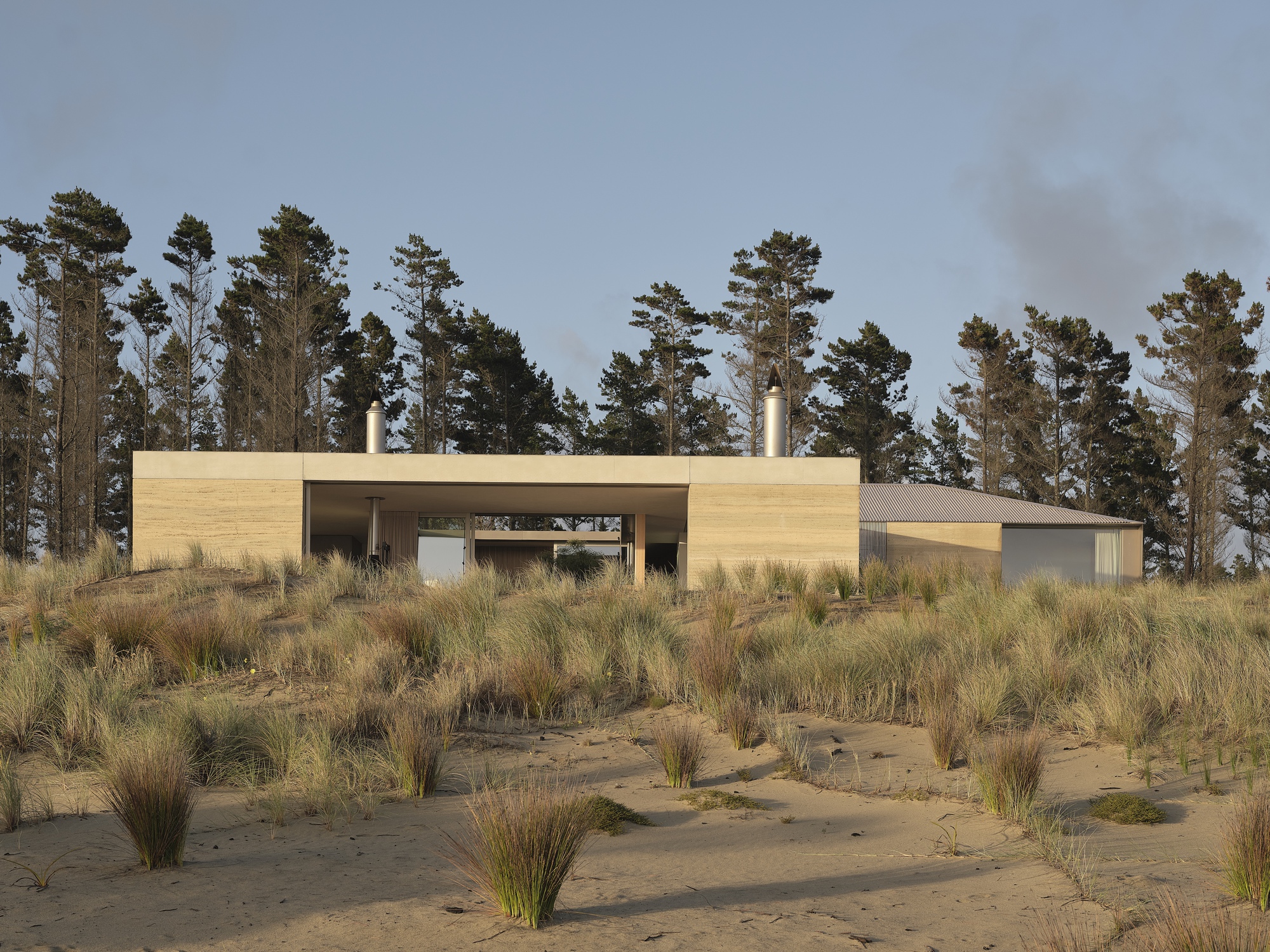 Horizontal timber-paneled volumes with central glazed opening backed by tall pine trees at dusk