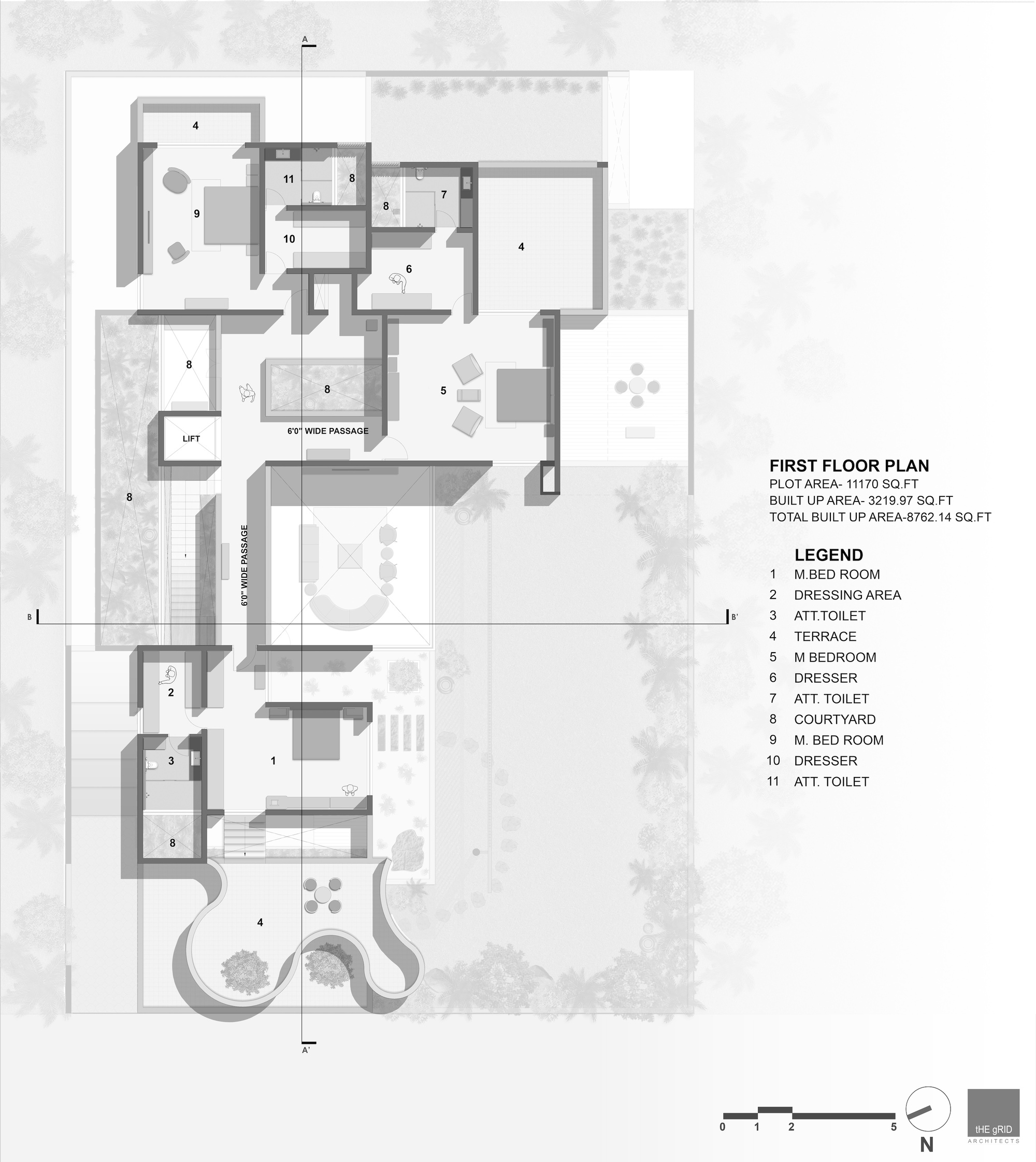 First floor plan drawing showing bedroom suite, terraces, and central courtyard with tree shadows
