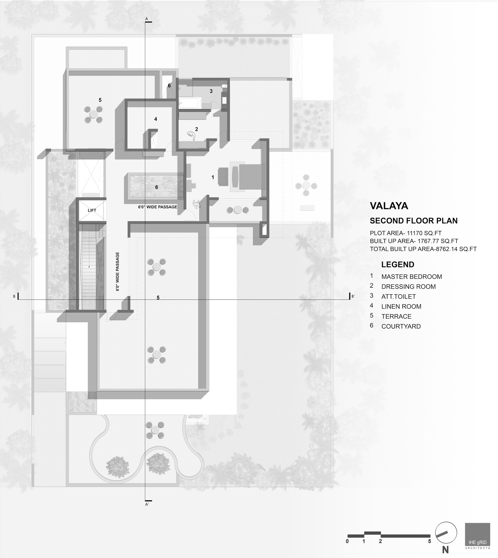 Second floor plan drawing showing master bedroom, dressing room, and multiple terraces with tree shadows