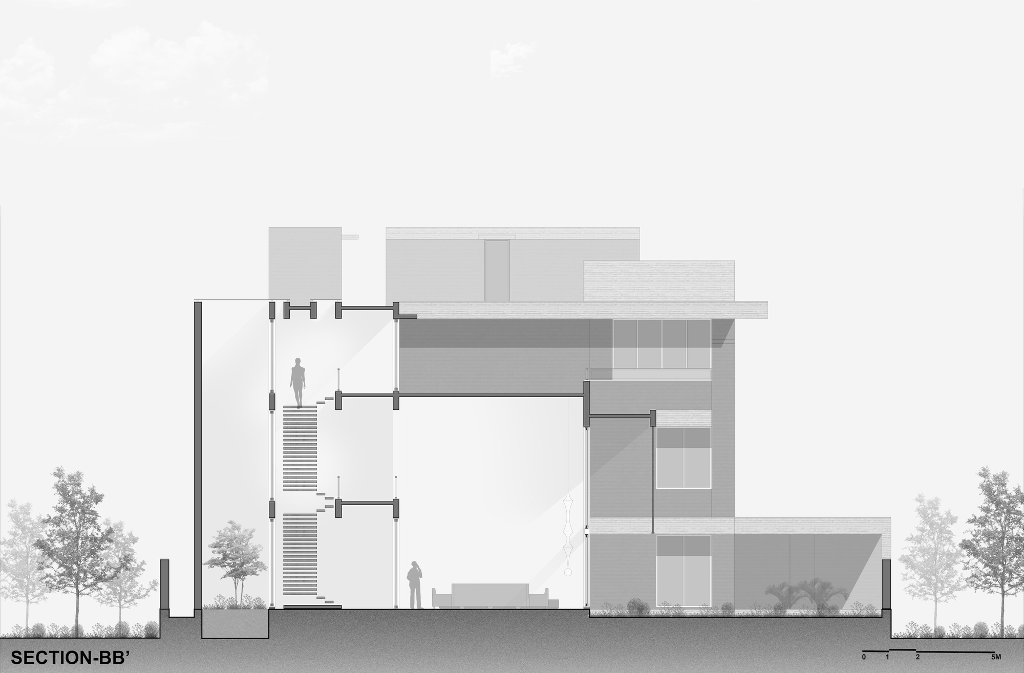 Section drawing revealing stacked volumes with stairs and outdoor terraces flanked by trees