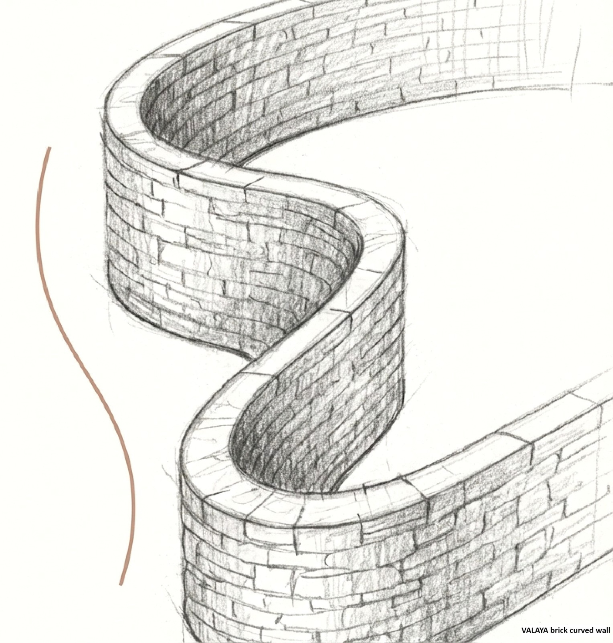 Sketch of a spiraling brick wall with curved masonry details and tonal shading