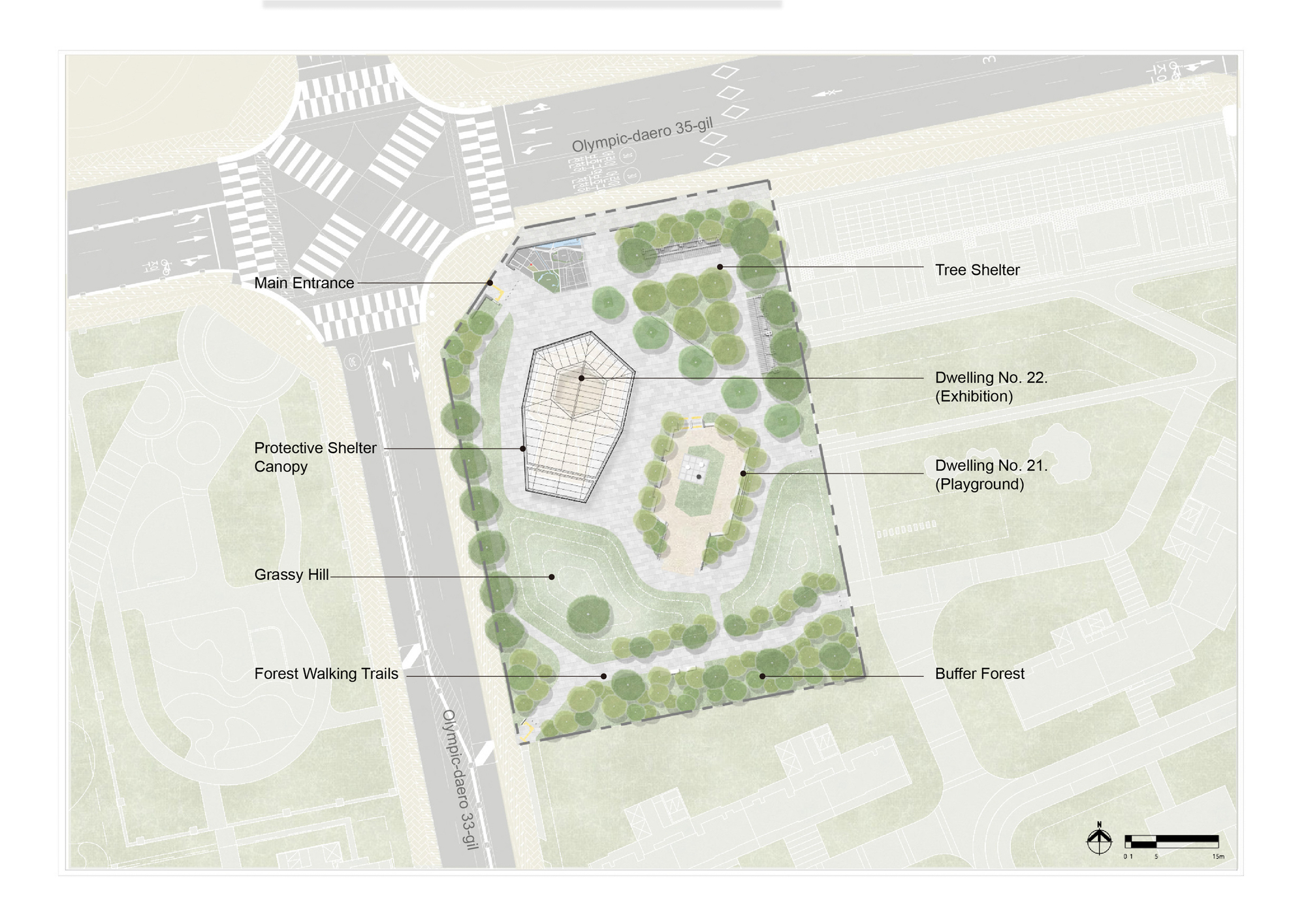 Site plan drawing showing the canopy structure surrounded by trees, walkways and adjacent buildings