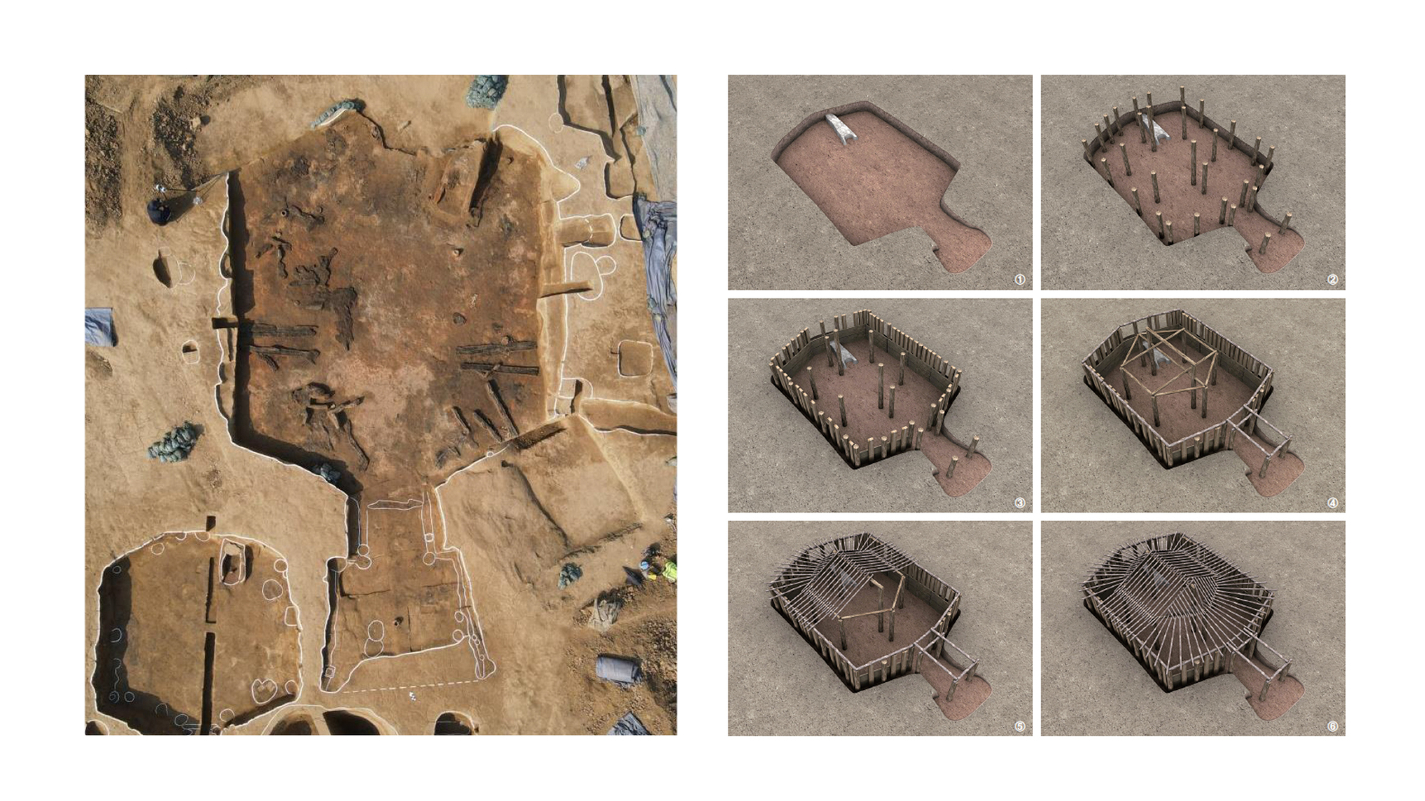 Drone view of excavated dwelling footprints alongside renderings showing the reconstruction sequence with timber framing