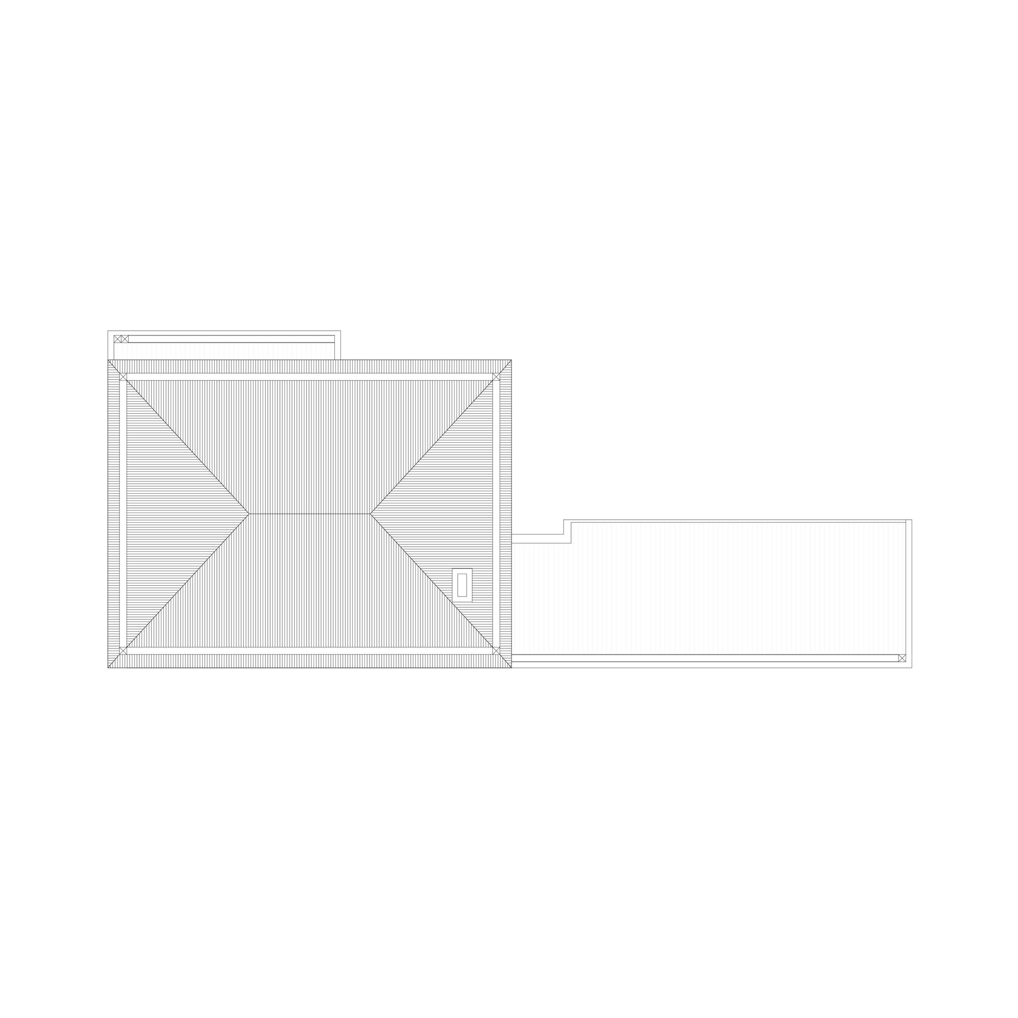 Roof plan drawing showing a pitched roof with diagonal ridge lines and an adjacent flat terrace