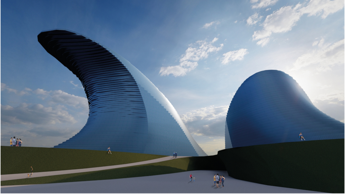 Wave-inspired sculptural volumes rising from the landscaped waterfront setting