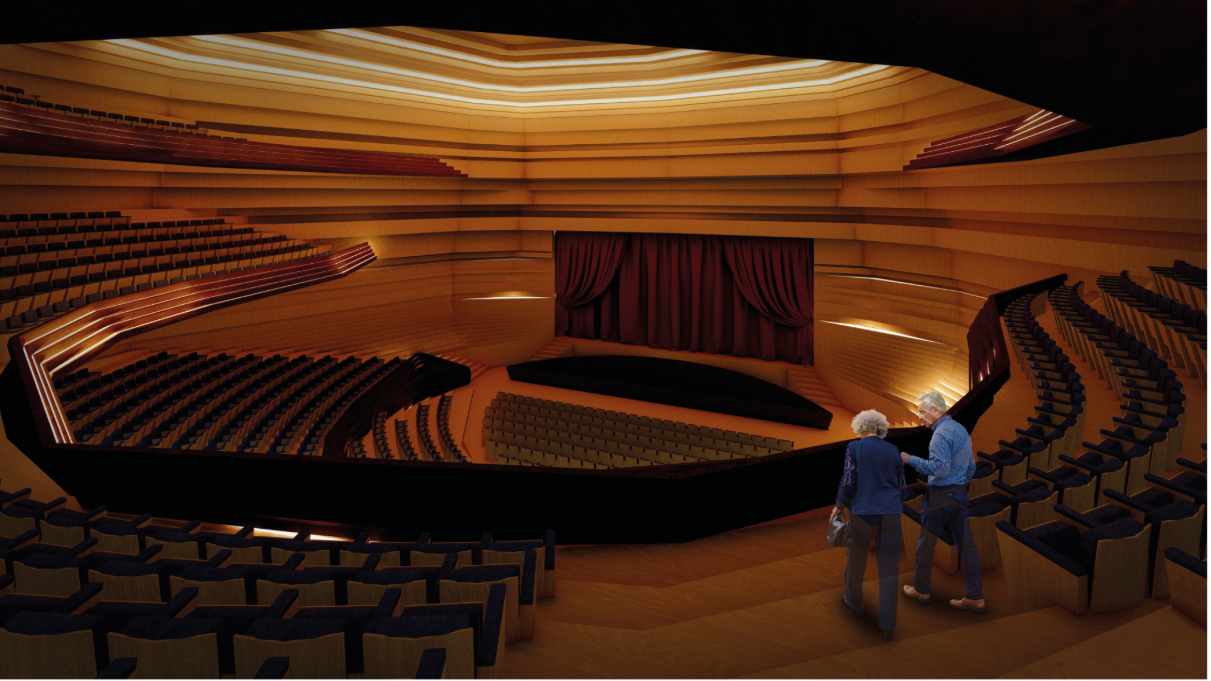 Upper-level auditorium view revealing curved seating tiers and integrated architectural lighting