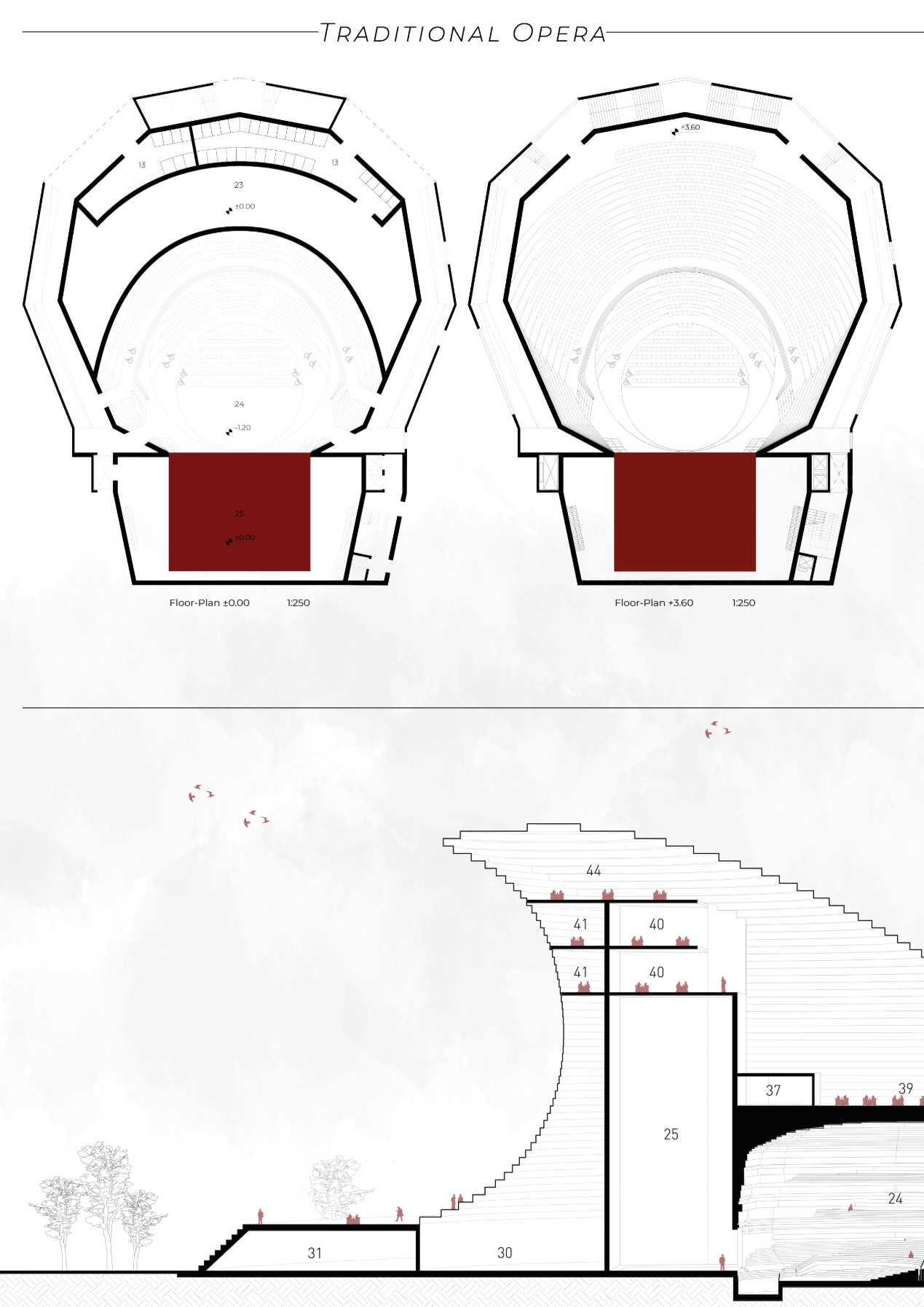 Opera house floor plans and section illustrating auditorium organization, stage layout, and vertical circulation