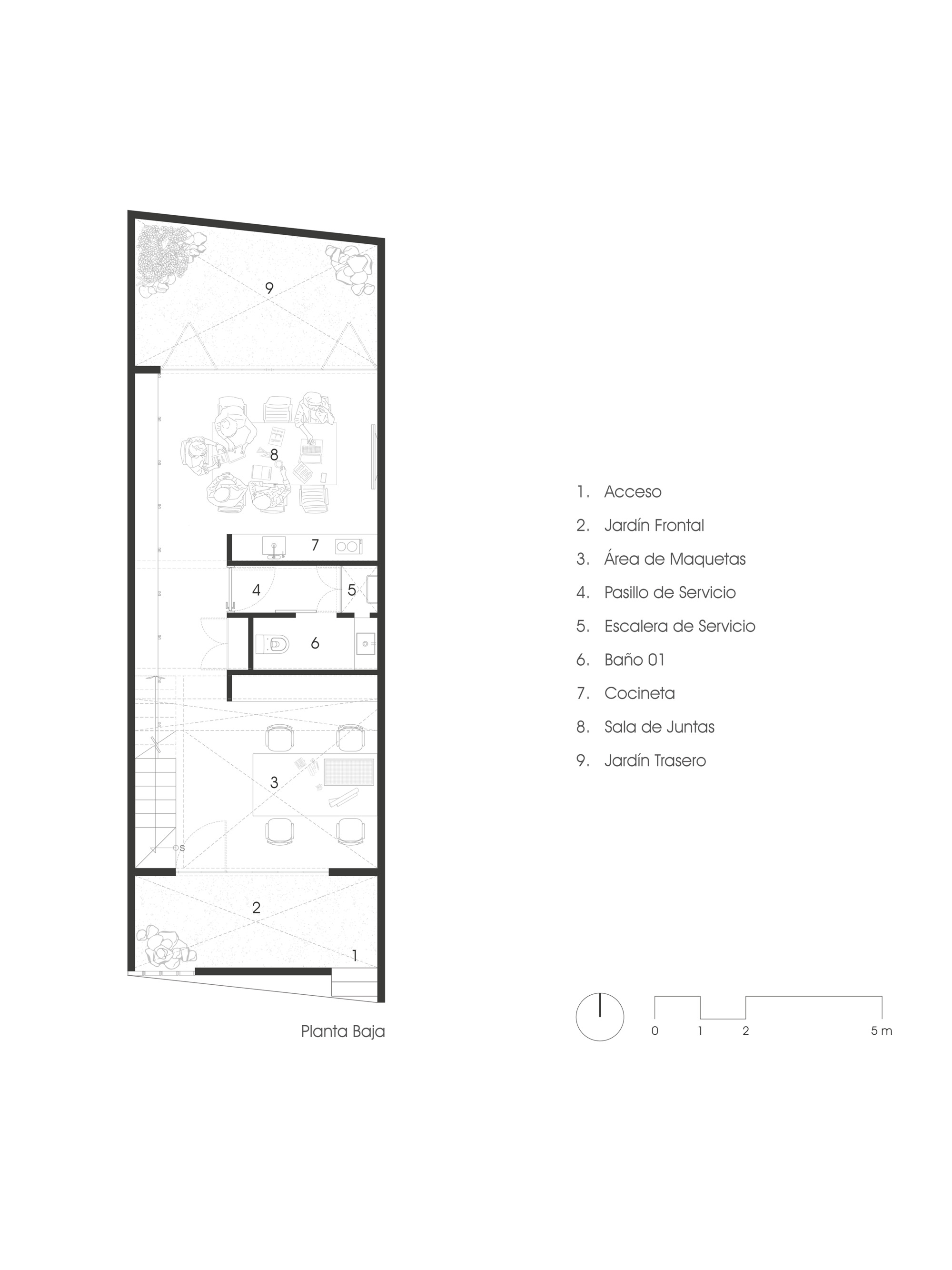 Ground floor plan showing entrance, front garden, meeting room, kitchen, bathroom and service stair