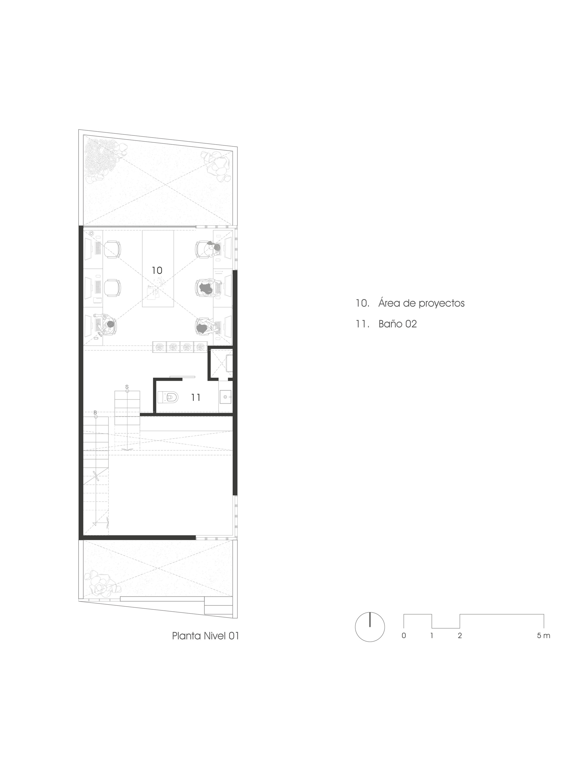 First floor plan showing project area workspace with furniture layout and bathroom