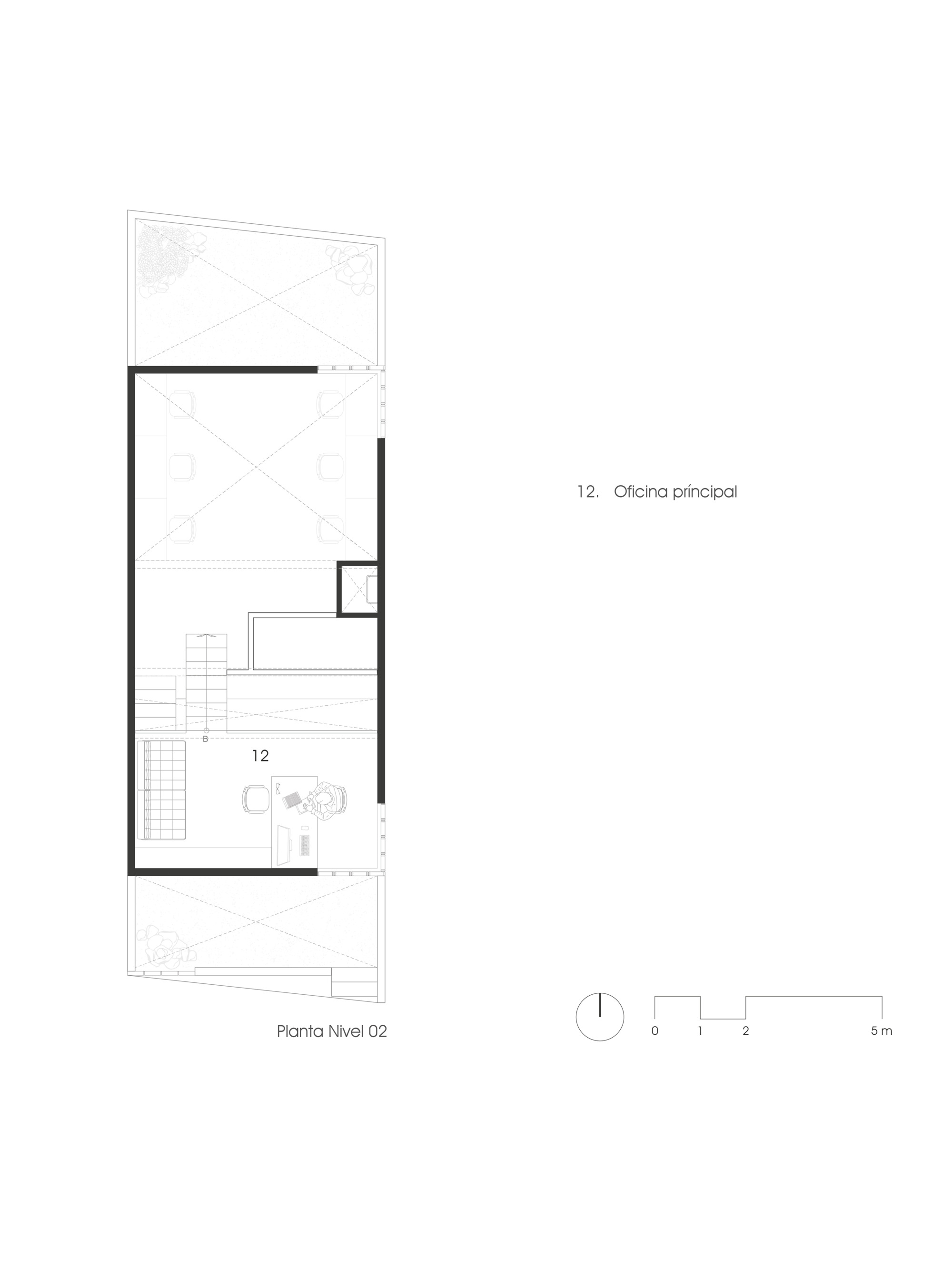 Second floor plan showing principal office space with terrace above