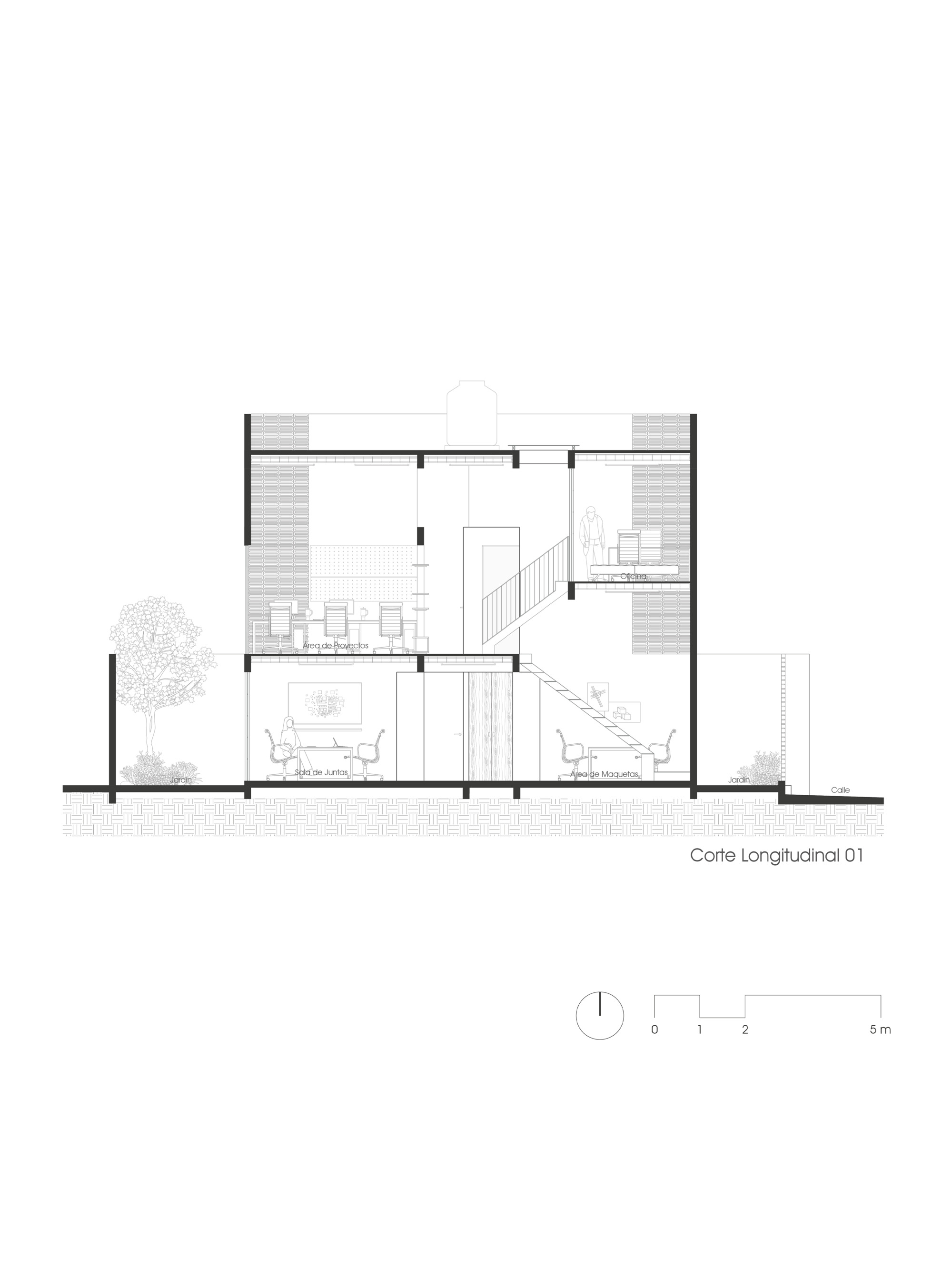 Longitudinal section drawing showing double-height spaces, staircase and planted courtyard with tree