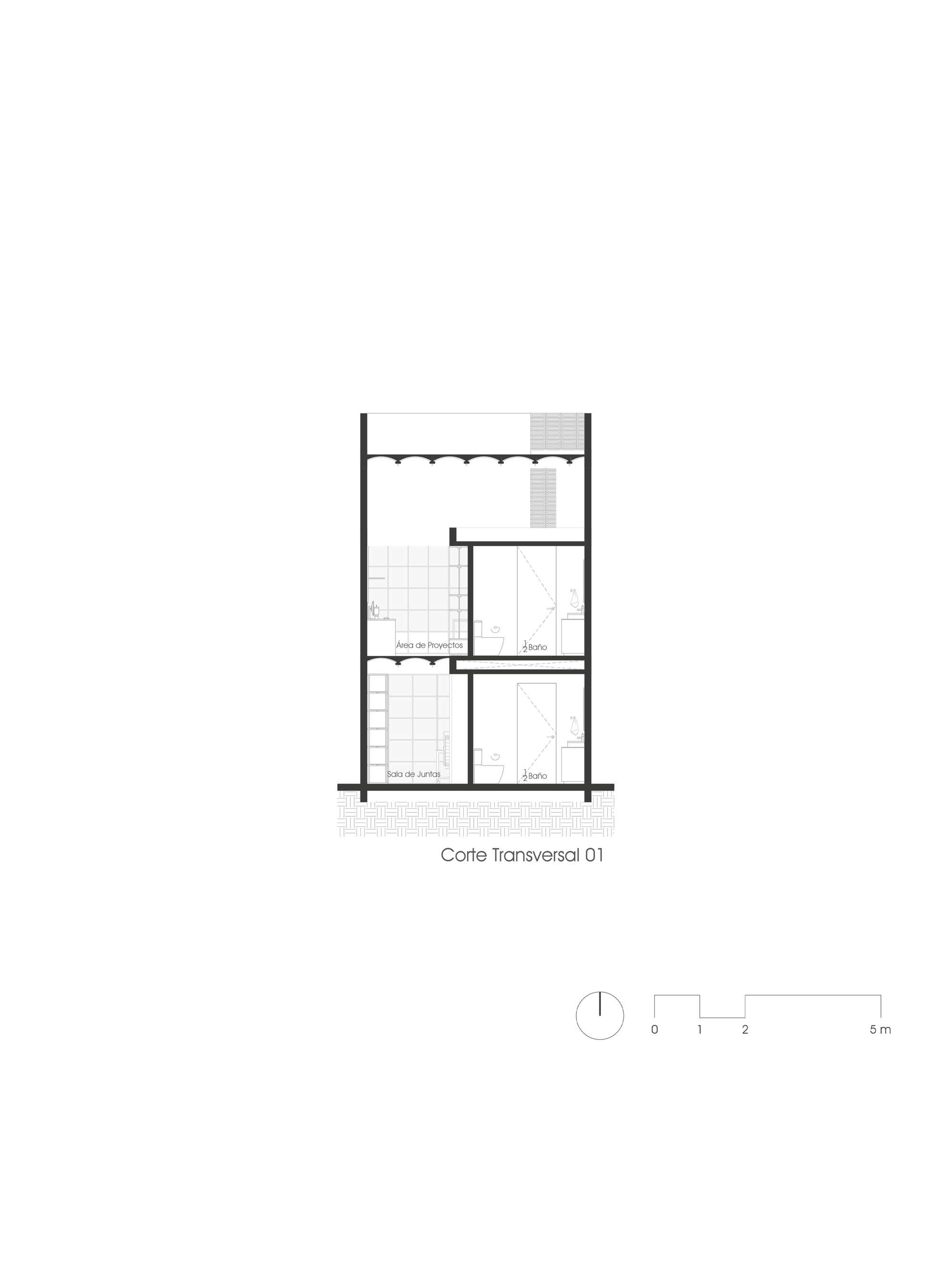 Transverse section drawing showing bathroom, project area and two-story vertical spatial arrangement